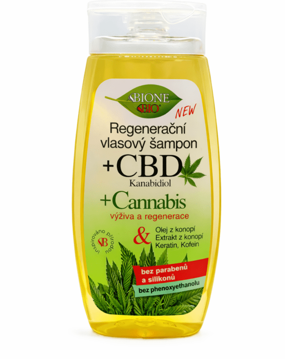 Regeneračný vlasový šampón s CBD od značky Bione, ide o 260ml objem.