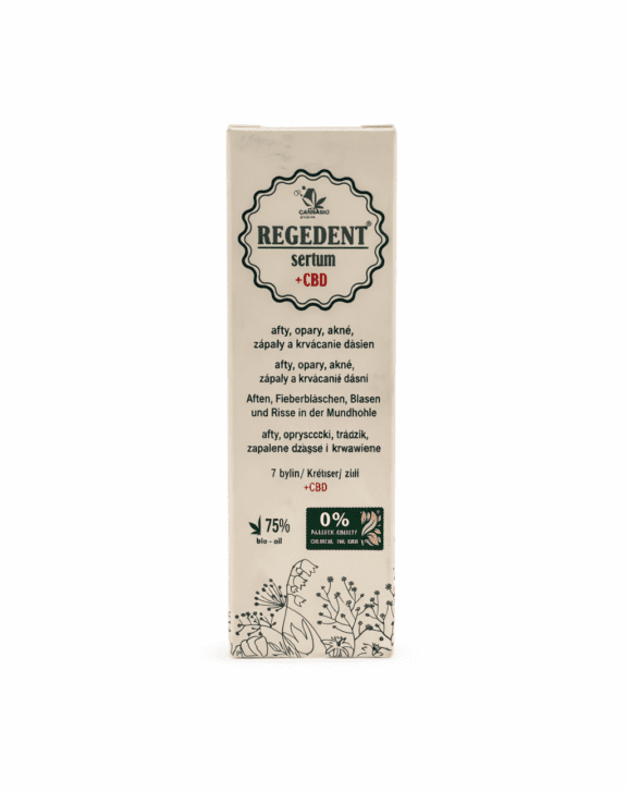 Regedent Serum s CBD od slovenskej značky CANNABIO pharm je malé, ale účinné regeneračné sérum s objemom 7 ml. Obsahuje kanabidiol (CBD), kombináciu rastlinných olejov a 7 rôznych liečivých bylín, ktoré spoločne podporujú obnovu a upokojenie pokožky.