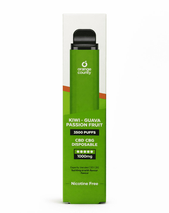 Jednorazová elektronická cigareta Kiwi Guava CBD+CBG disposable vape od značky Orange County ponúka až do 3 500 ťahov.