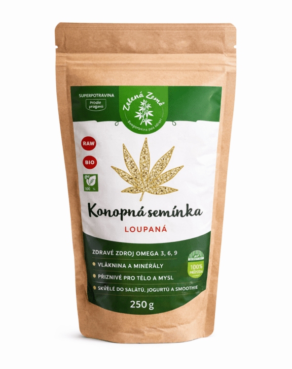 Konopné semienka (semiačka) od českého výrobcu Zelená Země. Lúpaný produkt.