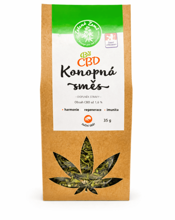 CBD Konopná zmes od českej značky Zelená Země. Balenie váži 35 gramov. Kombinácia listov a kvetov.