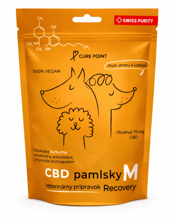 CurePoint CBD pamlsky pre psov (M) sú vhodné pre zvieratá s hmotnosťou od 10 kg do 35 kg. Každá pochúťka obsahuje účinnú látku CBD zo Švajčiarska, ktorá pôsobí upokojujúco a podporuje zdravie kĺbov, zmierňuje bolesť pri artritíde a môže byť prospešná v stresových situáciách, ako sú návštevy veterinára, cesty autom alebo ohňostroje. Pamlsky obsahujú kurkumu s antioxidačnými a protizápalovými účinkami a sú vyrobené z kvalitných prírodných surovín – sladké zemiaky, mrkva, tekvica, arašidové maslo, jablkové pyré, ľanová múka, ovsené vločky, ryžová múka a ďatle – doplnené o vitamín E a CBD olej. Výrobca ich pečie na Slovensku a každú šaržu testuje v akreditovaných laboratóriách, čím je zaručená bezpečnosť a kvalita. Veterinárny prípravok 100 % vegánsky Vyrobené na Slovensku CBD zo Švajčiarska Balenie M pre psov s hmotnosťou 10–35 kg
