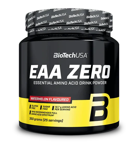 BioTech USA EAA ZERO sú esenciálne aminokyseliny v prášku obohatené o L-glutamín. Naše telo si tieto aminokyseliny nedokáže vytvoriť samo a preto ich nutne potrebuje prijímať formou stravy alebo doplnkov výživy. Súčasťou EAA sú aj známe aminokyseliny BCAA. Užívaním EAA ZERO zabezpečíš vždy všetky nevyhnutné aminokyseliny, čím dosiahneš kvalitnú regeneráciu, ochranu a rast svalov. Ich užívanie sa odporúča aj počas redukčných diét, kedy je potrebné minimalizovať kalorický príjem. Výhody až 10,7 g aminokyselín na dávku, z čoho 3,4 g sú BCAA pridaný L-glutamín ideálny pomer esenciálnych aminokyselín neobsahuje lepok bez cukru Odporúčané dávkovanie Rozmiešajte 1 dávku (2 odmerky = 14 g) v 400 ml vody a užite 15 minút pred tréningom. V netréningové dni užite 1 dávku počas dňa medzi jedlami. Nutričné hodnoty BioTech USA EAA ZERO 350 g melón Veľkosť 1 dávky: 14 g Počet dávok v balení: 25 Nutričné hodnoty 1 dávka (14 g) 100 g RVH%* Energetická hodnota 0 kJ / 0 kcal 0 kJ / 0 kcal ** Tuky 0 g 0 g ** Sacharidy 0 g 0 g ** Bielkoviny 0 g 0 g ** Aminokyseliny L-glutamín 3580 mg 25568,36 mg ** L-leucín 1560 mg 11141,52 mg ** L-lyzín 1200 mg 8570,4 mg ** L-valín 1040 mg 7427,68 mg ** L-fenylalanín 1000 mg 7142 mg ** L-izoleucín 800 mg 5713,6 mg ** L-treonín 600 mg 4285,2 mg ** L-metionín 400 mg 2856,8 mg ** L-histidín 400 mg 2856,8 mg ** L-tryptofán 160 mg 1142,72 mg ** *RVH - Referenčná výživová hodnota. Referenčný príjem priemerného dospelého (8400 kJ / 2000 kcal) **RVH nie je stanovené Zloženie L-glutamín (25,6%), instantizovaný L-leucín (L-leucín, emulgátor (lecitíny), maltodextrín) (11,4%), L-lyzín hydrochlorid (10,7%), kyselina (kyselina citrónová), arómy, L-valín (7,4%), L-fenylalanín (7,1%), L-izoleucín (5,7%), L-treonín (4,3%), L-histidín hydrochlorid (3,5%), L-metionín (2,9%), L-tryptofán (1,1%), sladidlo (sukralóza), objemové činidlo (polydextróza), soľ, farbivo (E129). Alergény Neobsahuje alergény.